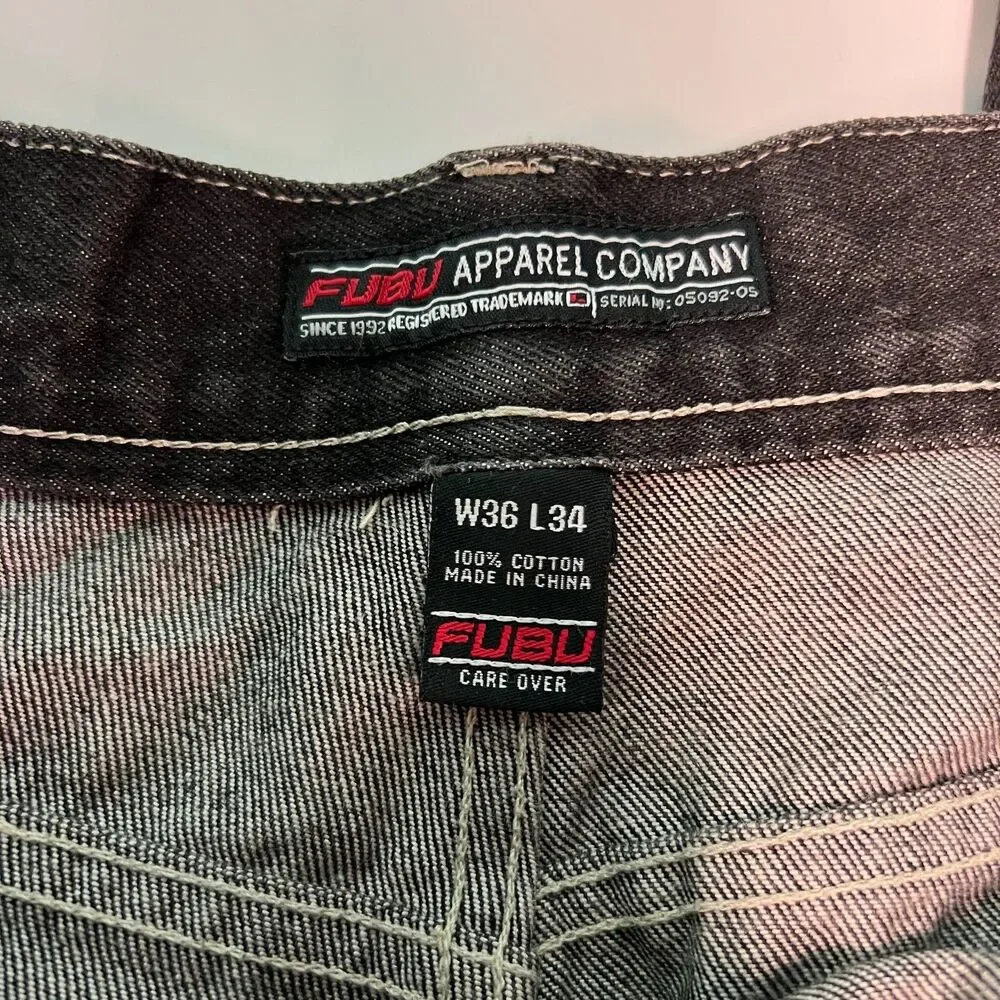 Vintage FUBU Baggy Jeans Mens 36x34 Black Y2K Hip Hop Skater Denim Wide Leg